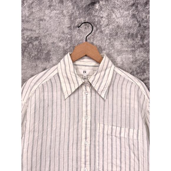 Banana Republic Top Medium Womens Boxy Crop Linen Shirt Vanilla Striped - Picture 2 of 9